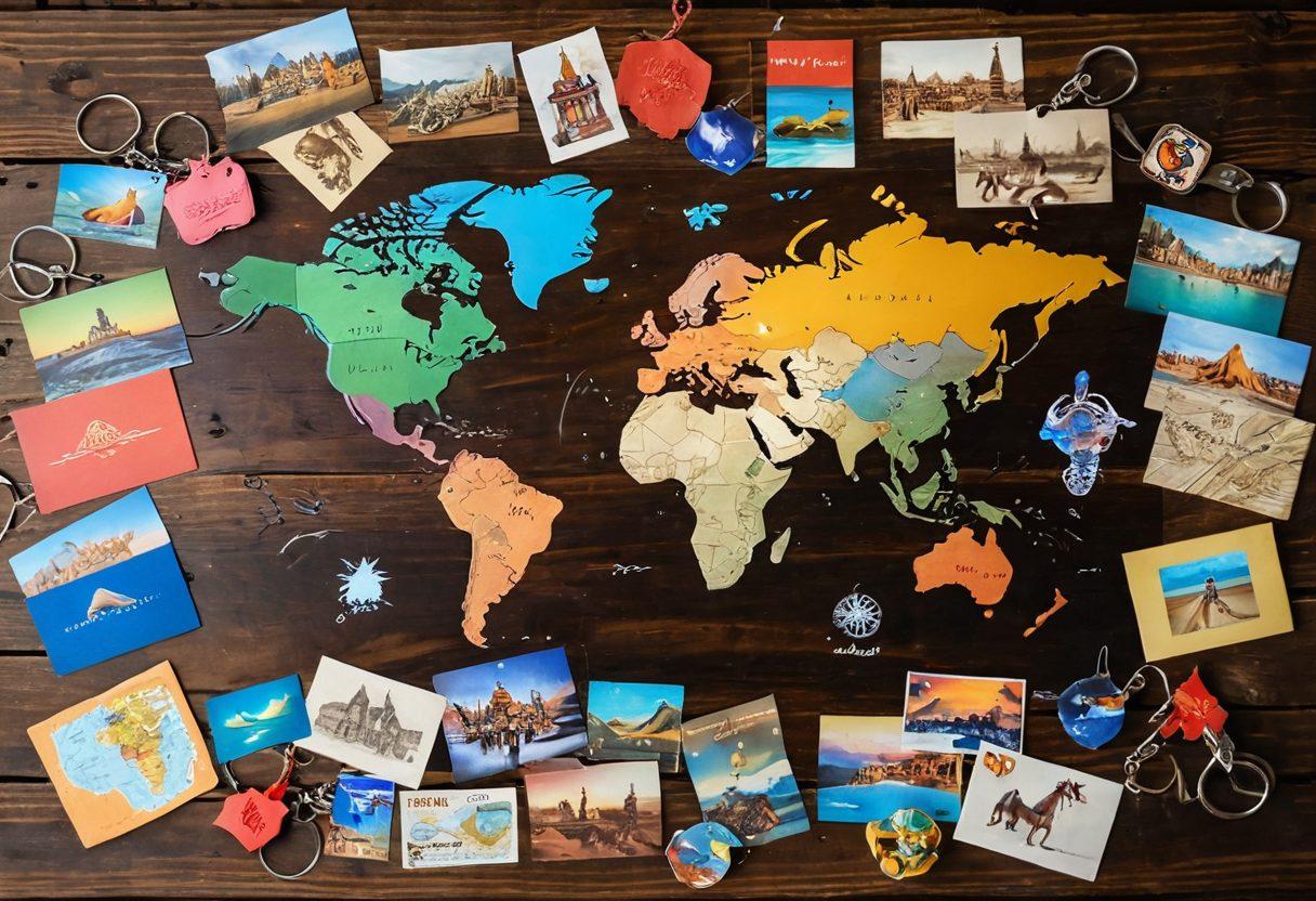 An imaginative collage of unique souvenirs from around the world, including vibrant keychains, exotic magnets, and colorful postcards, all arranged on a rustic wooden table. Incorporate a soft, warm glow around the items to evoke nostalgia and joy. Background features a blurred world map to suggest travel and exploration. super-realistic. vibrant colors. warm lighting.