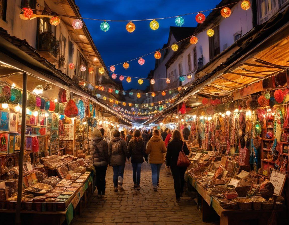 A vibrant marketplace filled with unique, colorful souvenirs from around the world, spotlighting quirky keepsakes like handcrafted trinkets and local art. People are joyfully exchanging items, surrounded by decorative stalls adorned with string lights and cultural motifs. The scene conveys a sense of adventure and happiness, with an emphasis on diversity in souvenirs. The atmosphere is playful and inviting, ideal for inspiring readers to explore unique keepsakes. bright colors. super-realistic.