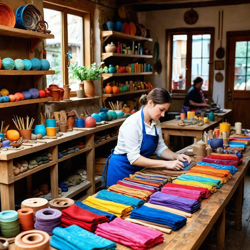 A vibrant artisan workshop filled with colorful local crafts, showcasing intricate handmade keepsakes laid out on rustic wooden tables. In the background, a skilled artisan is joyfully working, surrounded by rich textures and materials like clay, fabric, and wood. The atmosphere radiates creativity and warmth, highlighting the beauty of craftsmanship. super-realistic. vibrant colors. 3D.